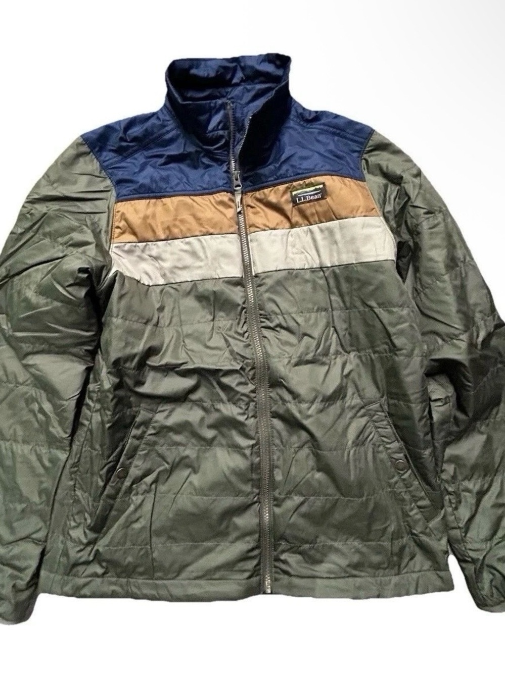 Men’s LL Bean Green Orange Blue Winter Puffer Jacket Size Medium